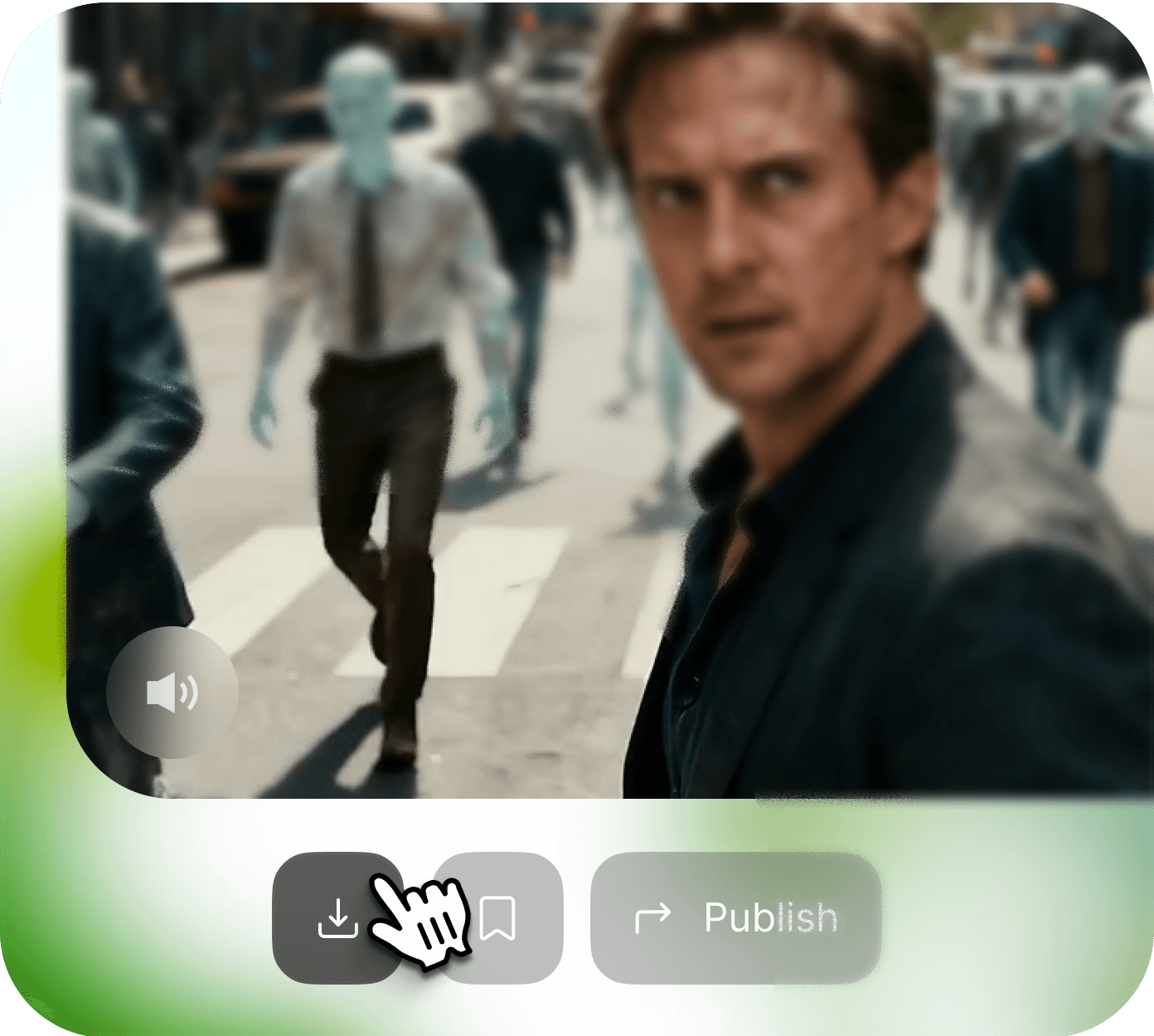 AI-generated video output from Wan 2.2 showing a man looking tense on a city street surrounded by eerie glass-like figures, with download and publish options.