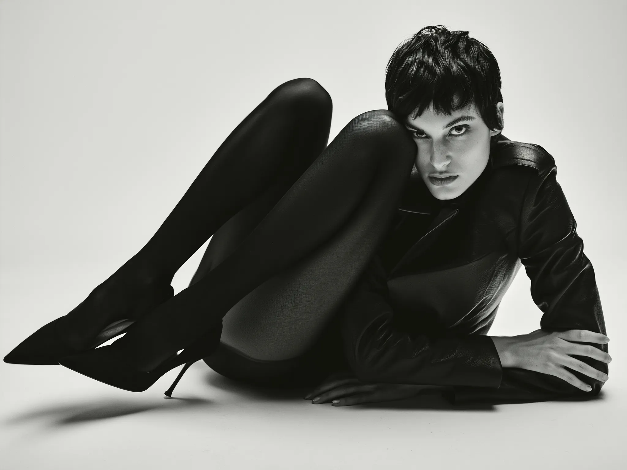 SHOT: • Composition: Tight mid-shot focusing on model curled up, legs foregrounded, eye-level angle • Camera Settings: ISO 400, f/5.6, 1/125 s, monochrome capture • Film Grain: Smooth black and white grain with soft shadows LENS EFFECTS: • Optics: Sharp focus on model’s face and legs, slight vignette around edges • Artifacts: None • Depth of Field: Shallow depth with entire model in focus against plain background SUBJECT: • Description: Androgynous model with short dark hair, intense gaze, curled arms and legs • Wardrobe: Sleek black leather jacket, sheer black tights, pointed black high heels • Grooming: Short haircut, minimal makeup, clean clear skin SCENE: • Location: Featureless white background studio • Time of Day: Controlled studio lighting, timeless • Environment: Minimalistic, high-fashion studio setup VISUAL DETAILS: • Action: Model reclining sideways with legs bent and lifted, resting head on one arm • Props: None • Physics: Natural body curl, slight shadow beneath model CINEMATOGRAPHY: • Lighting: High-key soft lighting, no harsh shadows, evenly diffused • Tone: Edgy, polished, monochrome elegance • Color Palette: Black, white, shades of gray TEXT ELEMENTS: • Visible Text: None • Typography: None • Placement: None STYLE: • Visual Aesthetic: Modern black and white fashion photography minimalism