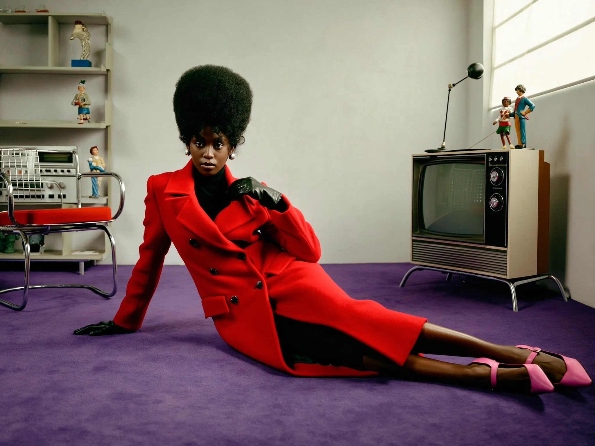 SHOT: • Composition: Low-angle medium shot, subject lying diagonally across purple carpet, centered horizontally • Camera Settings: ISO 400, f/4.0, 1/125 s, color film • Film Grain: Fine grain consistent with vintage style LENS EFFECTS: • Optics: Soft focus on edges, sharp focus on subject's face and coat • Artifacts: None • Depth of Field: Shallow depth, background slightly blurred SUBJECT: • Description: Black woman with striking tall bouffant hairstyle, direct gaze • Wardrobe: Long red double-breasted coat, black leather gloves, pink high-heeled shoes • Grooming: Natural makeup emphasizing eyes, well-styled hair with volume and curls SCENE: • Location: Indoor living room with vintage decor, mid-century furniture • Time of Day: Daytime with diffused natural light from window • Environment: Purple carpet, white walls, metal chair with red cushioned seat, vintage TV and stereo unit with figurines VISUAL DETAILS: • Action: Reclining pose on floor, left arm supporting torso, right hand on coat lapel • Props: Vintage television, stereo, two figurines on cabinet, metal chair • Physics: Soft light casting minimal shadows, ambient room illumination CINEMATOGRAPHY: • Lighting: Soft natural light from right, minimal shadows, even tone • Tone: Warm with muted colors highlighting red coat and purple carpet • Color Palette: Dominant red, purple, black, white neutrals, subtle blue from figurines TEXT ELEMENTS: • Visible Text: None • Typography: None • Placement: None STYLE: • Visual Aesthetic: Retro 1960s fashion editorial, artistic, elegant