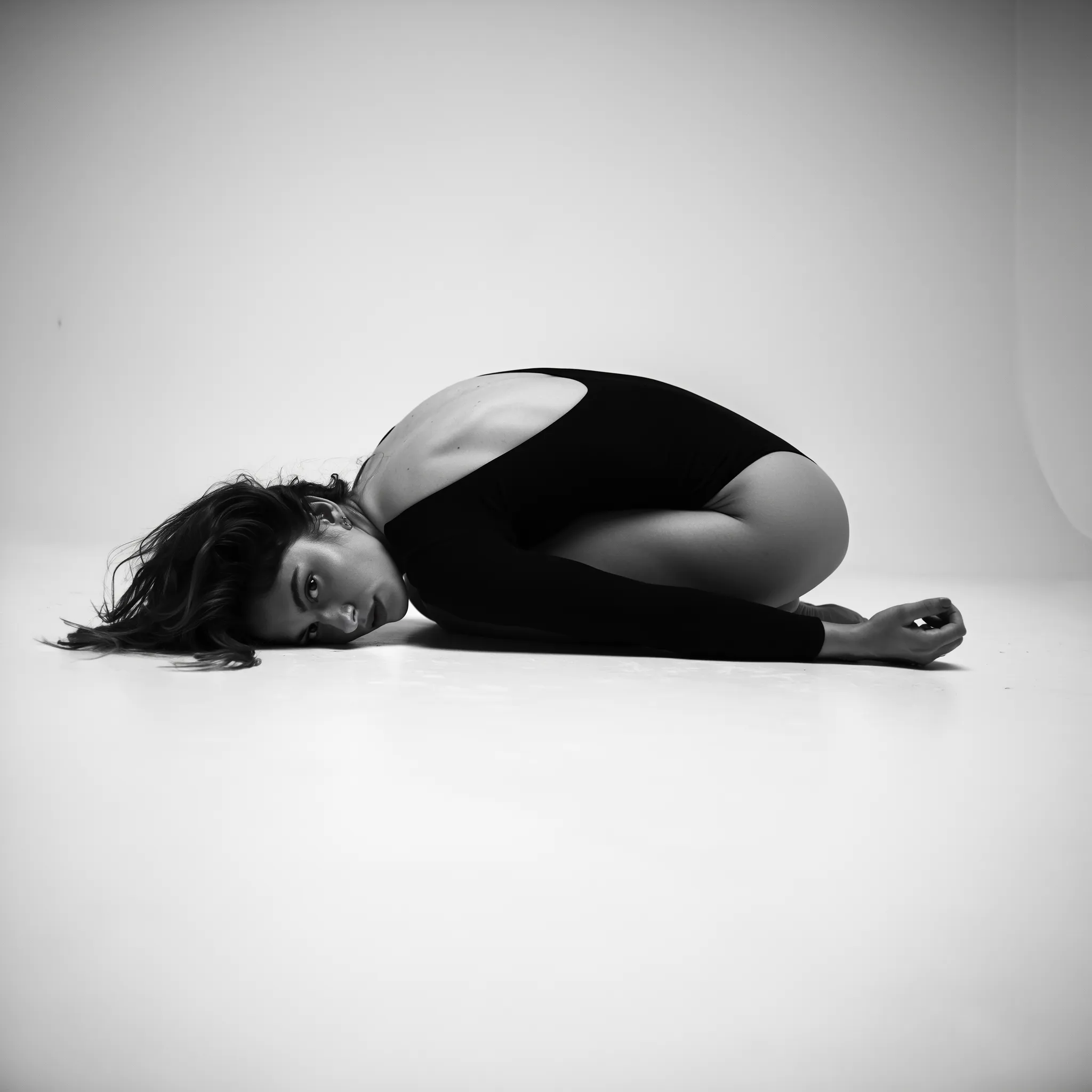 SHOT: • Composition: Horizontal frame, subject curled in fetal pose centered, minimalist background • Camera Settings: Low ISO, wide aperture for soft focus, black and white mode • Film Grain: Fine grain, classic monochrome texture LENS EFFECTS: • Optics: Slight vignette emphasizing subject, soft edges on subject's hair • Artifacts: None • Depth of Field: Shallow depth with sharp focus on subject's face and torso, blurred edges SUBJECT: • Description: Female figure, curled in fetal position, lying sideways with head resting on floor, intense gaze • Wardrobe: Black long-sleeve bodysuit with an open back • Grooming: Messy dark hair, natural skin texture, minimal makeup SCENE: • Location: Plain white minimalist studio floor and wall • Time of Day: Indeterminate indoor lighting, soft and diffused • Environment: Empty, sterile, no props or distractions VISUAL DETAILS: • Action: Subject is curled tightly with hands clasped behind knees, head turned towards camera • Props: None • Physics: Stillness suggests controlled calm posture CINEMATOGRAPHY: • Lighting: Soft diffused light from above or side with gentle shadows • Tone: Somber, introspective, melancholic • Color Palette: Black, white, shades of gray TEXT ELEMENTS: • Visible Text: None • Typography: None • Placement: None STYLE: • Visual Aesthetic: Minimalist black-and-white fine art photography emphasizing emotion and form