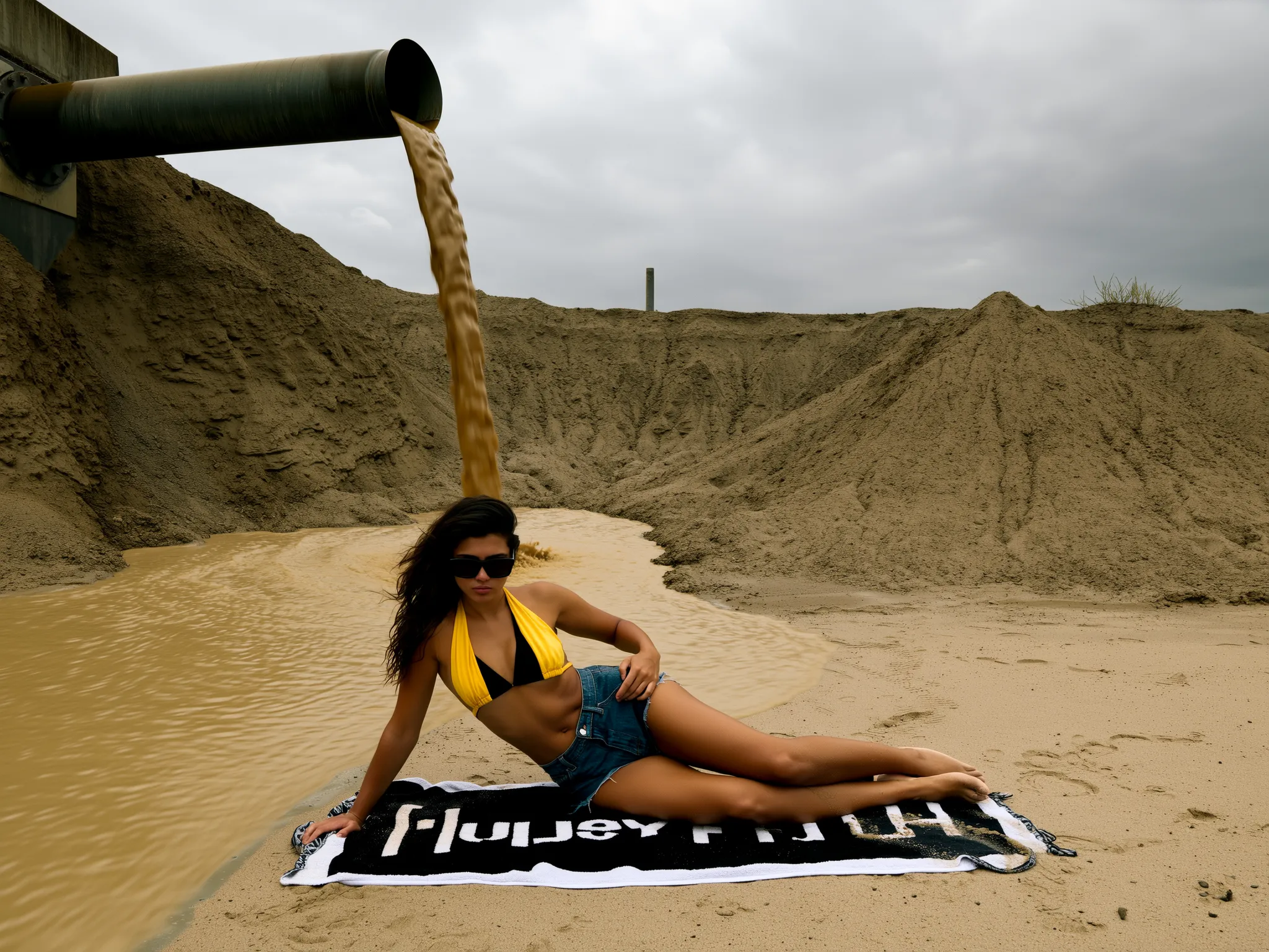 SHOT: • Composition: Eye-level wide shot, subject centered horizontally, pipes pouring liquid angled from top left • Camera Settings: ISO 400, f/4.5, 1/200 s, standard full-frame sensor • Film Grain: Minimal, clean digital image LENS EFFECTS: • Optics: Sharp focus on woman and pouring liquid, background slightly soft • Artifacts: None • Depth of Field: Moderate depth, subject and foreground clear, background less detailed SUBJECT: • Description: Young woman reclining on sandy ground, dark brown hair, wearing large black sunglasses, relaxed pose with one arm supporting upper body • Wardrobe: Yellow halter top over black bikini top, short denim shorts • Grooming: Hair loose and slightly tousled, minimal visible makeup SCENE: • Location: Sandy desert-like landscape with uneven terrain and mounds, industrial pipes discharging muddy liquid into scene • Time of Day: Overcast daylight • Environment: Dry environment with cloudy gray sky, sparse or no vegetation VISUAL DETAILS: • Action: Woman lying on towel on sand, muddy liquid pouring from pipes above • Props: Black and white towel under woman with partial text visible • Physics: Flow of muddy liquid showing turbulence and splash impact on ground CINEMATOGRAPHY: • Lighting: Diffused natural light, soft shadows, muted color tones • Tone: Neutral to subdued, earthy hues emphasized • Color Palette: Browns, yellows, grays, black and blue denim TEXT ELEMENTS: • Visible Text: Partial letters on towel, unclear full message, white text on black background • Typography: Bold sans-serif style • Placement: Bottom center under woman STYLE: • Visual Aesthetic: Contemporary urban casual with rugged natural backdrop