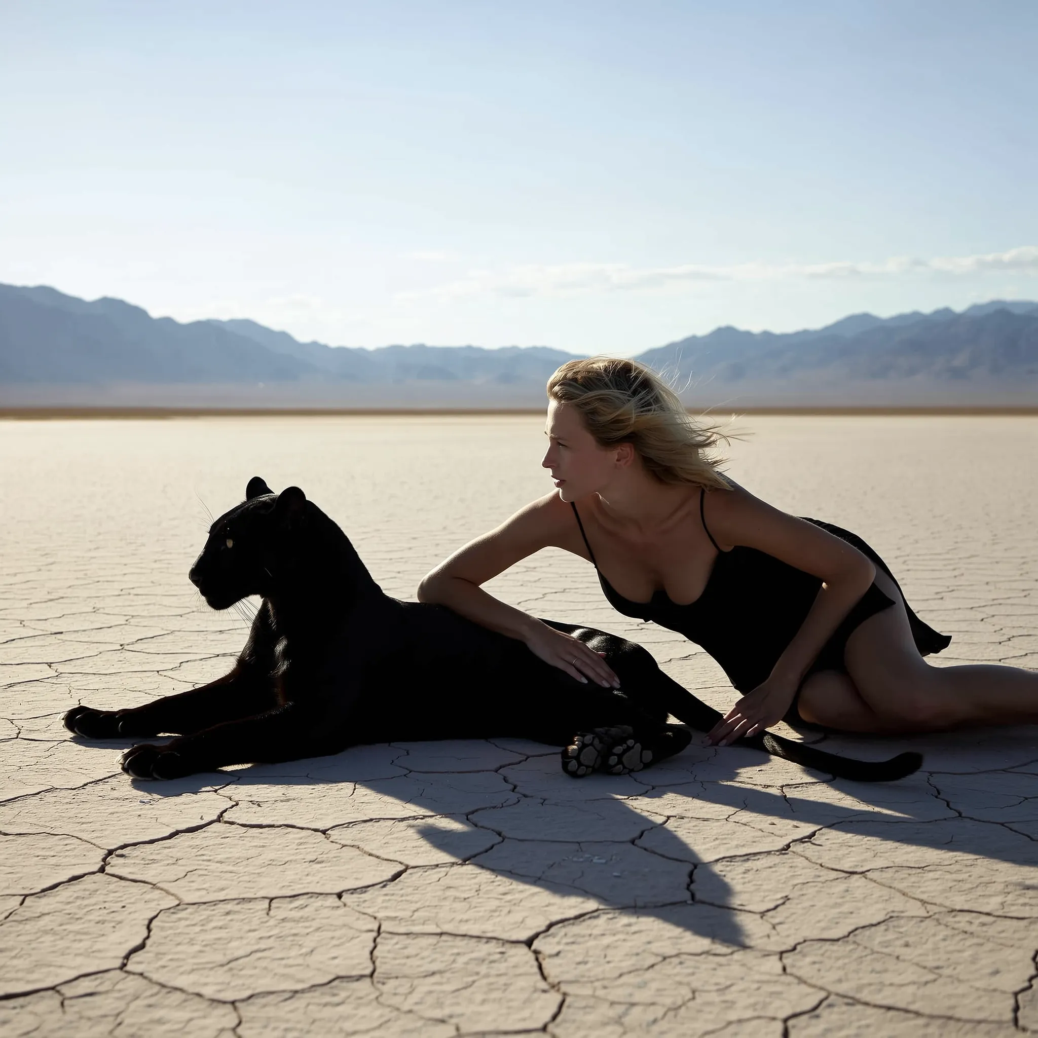 SHOT: • Composition: Eye-level medium wide shot, wide-angle lens, subjects centered to right • Camera Settings: ISO 100, f/8, 1/250 s, natural light • Film Grain: None, clean digital image LENS EFFECTS: • Optics: Sharp focus on woman and panther, background slightly soft • Artifacts: None • Depth of Field: Deep depth of field keeps dry cracked ground and distant mountains in focus SUBJECT: • Description: Blonde woman lying next to large black panther, both facing left • Wardrobe: Woman wears sleeveless black dress • Grooming: Woman's hair loose, slightly tousled SCENE: • Location: Dry cracked earth desert or salt flat, distant mountains on horizon • Time of Day: Mid-afternoon, clear sky with soft natural light • Environment: Arid, barren landscape with cracked ground surface VISUAL DETAILS: • Action: Woman leaning towards panther, right arm resting on panther's side, left hand on ground • Props: None • Physics: Shadows cast on cracked ground, gentle sunlight highlighting fur and hair CINEMATOGRAPHY: • Lighting: Soft natural sunlight from right, gentle shadows • Tone: Calm, serene, contemplative • Color Palette: Muted earth tones in ground and background, deep black panther, pale skin and light hair of woman TEXT ELEMENTS: • Visible Text: None • Typography: None • Placement: None STYLE: • Visual Aesthetic: Naturalistic, minimalistic, outdoors