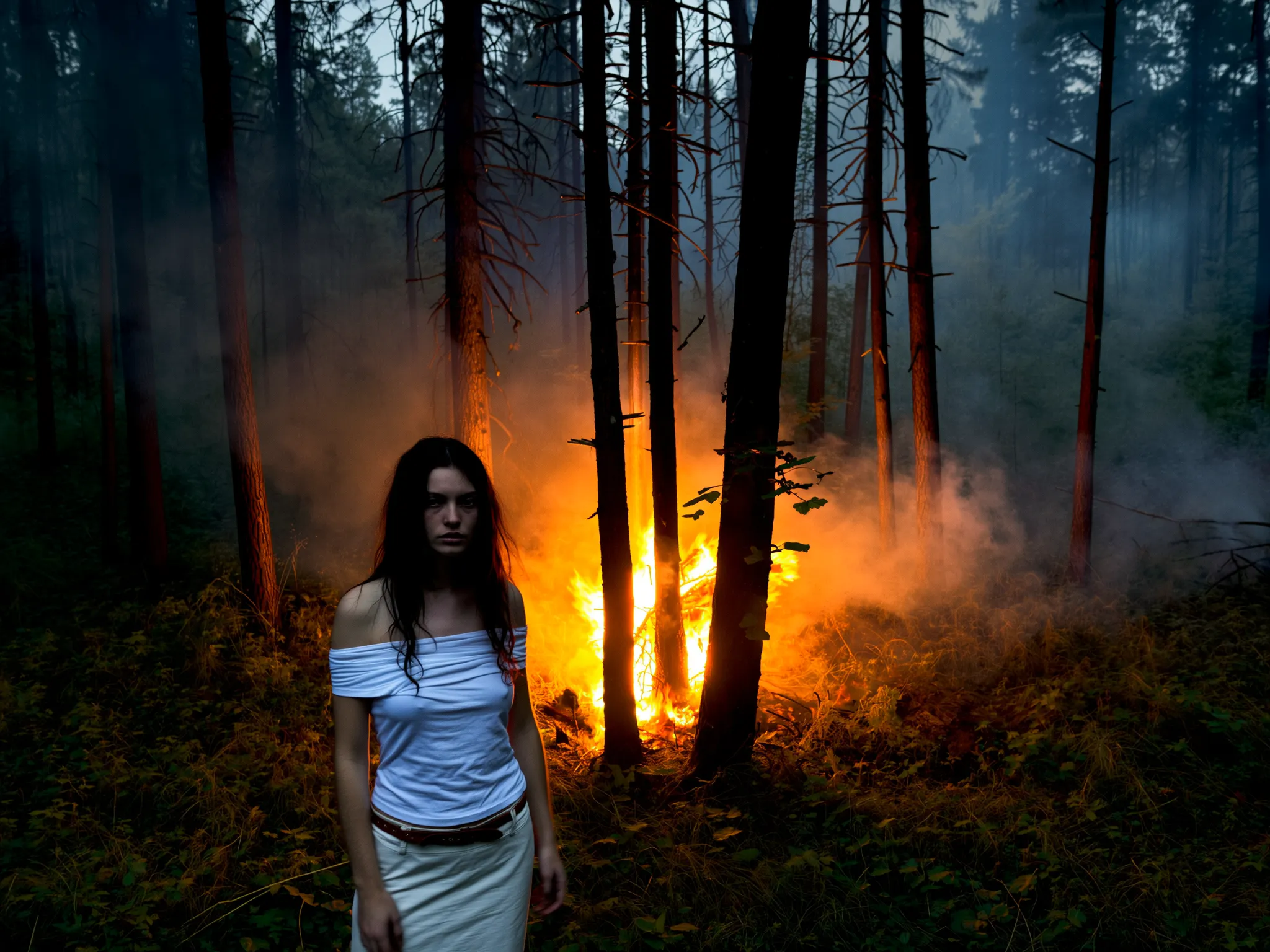 SHOT: • Composition: Medium shot, subject slightly left of center, background fire centered • Camera Settings: Low-light exposure, high ISO, wide aperture for low light capture • Film Grain: Visible grain enhancing gritty ambiance LENS EFFECTS: • Optics: Slight soft focus on background fire, sharper focus on subject • Artifacts: Mild haze from smoke, no lens flares • Depth of Field: Shallow depth of field, background fire and trees slightly blurred SUBJECT: • Description: Young woman with long dark hair, pale skin, serious expression, standing in foreground • Wardrobe: Off-shoulder white top and matching white skirt with a brown belt • Grooming: Natural makeup, hair down, slightly disheveled SCENE: • Location: Dense forest or woodland at night, ground covered with grass and foliage • Time of Day: Nighttime or twilight • Environment: Dry underbrush fire with orange flames and thick smoke spreading between tall trees VISUAL DETAILS: • Action: Woman standing still, looking ahead; fire burning behind her consuming forest floor • Props: None visible • Physics: Flames flickering, smoke rising and diffusing through trees CINEMATOGRAPHY: • Lighting: Warm orange glow from fire illuminating smoke and some tree trunks, contrast with dark forest • Tone: Tense, moody, mysterious • Color Palette: Dark greens and browns of forest, bright warm yellows and oranges of fire, cool dim blue-gray shadows TEXT ELEMENTS: • Visible Text: none • Typography: none • Placement: none STYLE: • Visual Aesthetic: Cinematic, eerie, suspenseful atmosphere with natural and fire light interplay