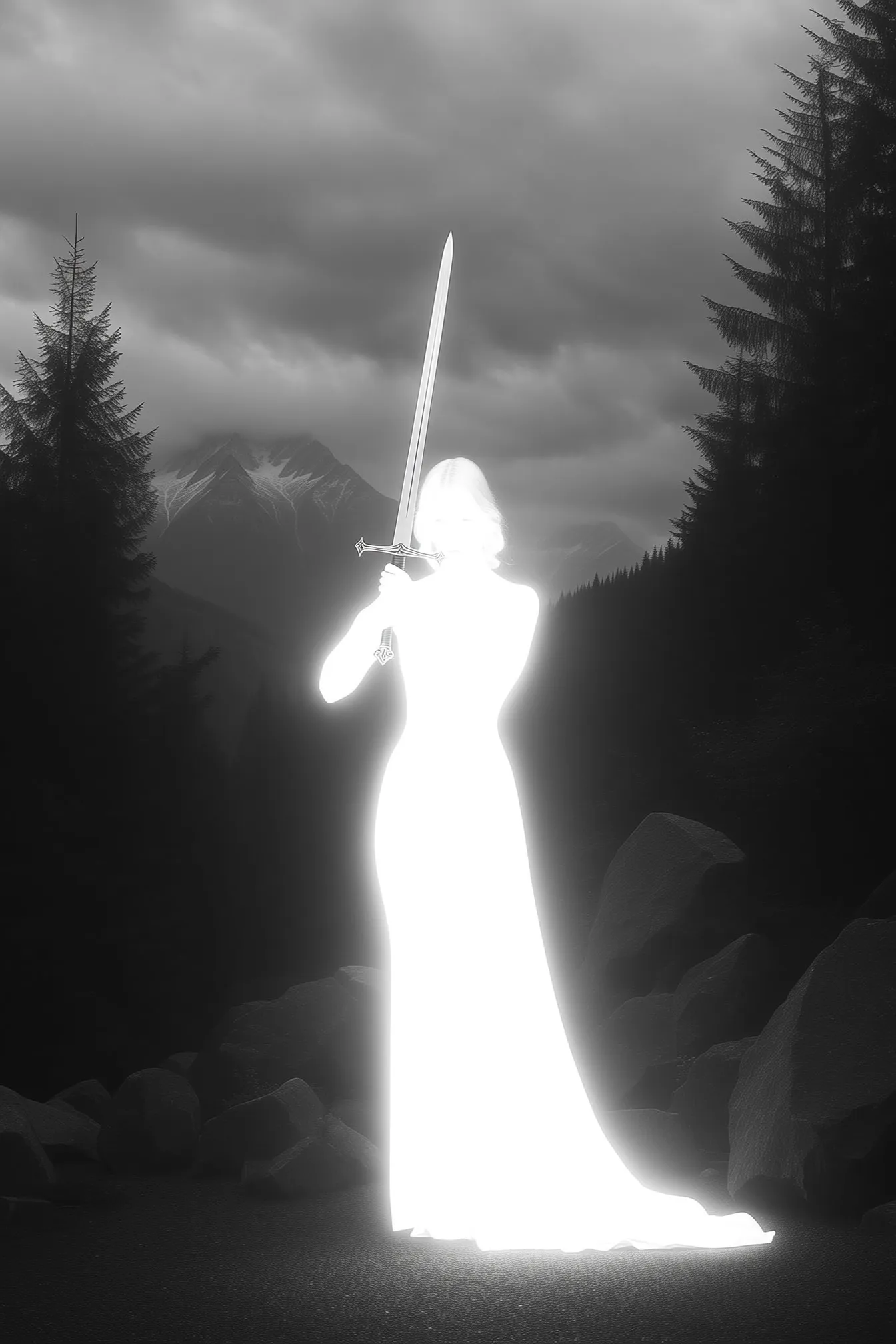 Surreal black-and-white artwork of a woman with in a glowing, overexposed white flowing gown standing outdoors in a dramatic mountain forest landscape. She is holding a medieval sword, poised as if she is ready to fight. Her figure is ethereal and ghostlike, radiating stark contrast against the dark, moody background of pine trees, boulders, and distant snowy peaks. The composition blends fine art photography with surreal, mythological symbolism.